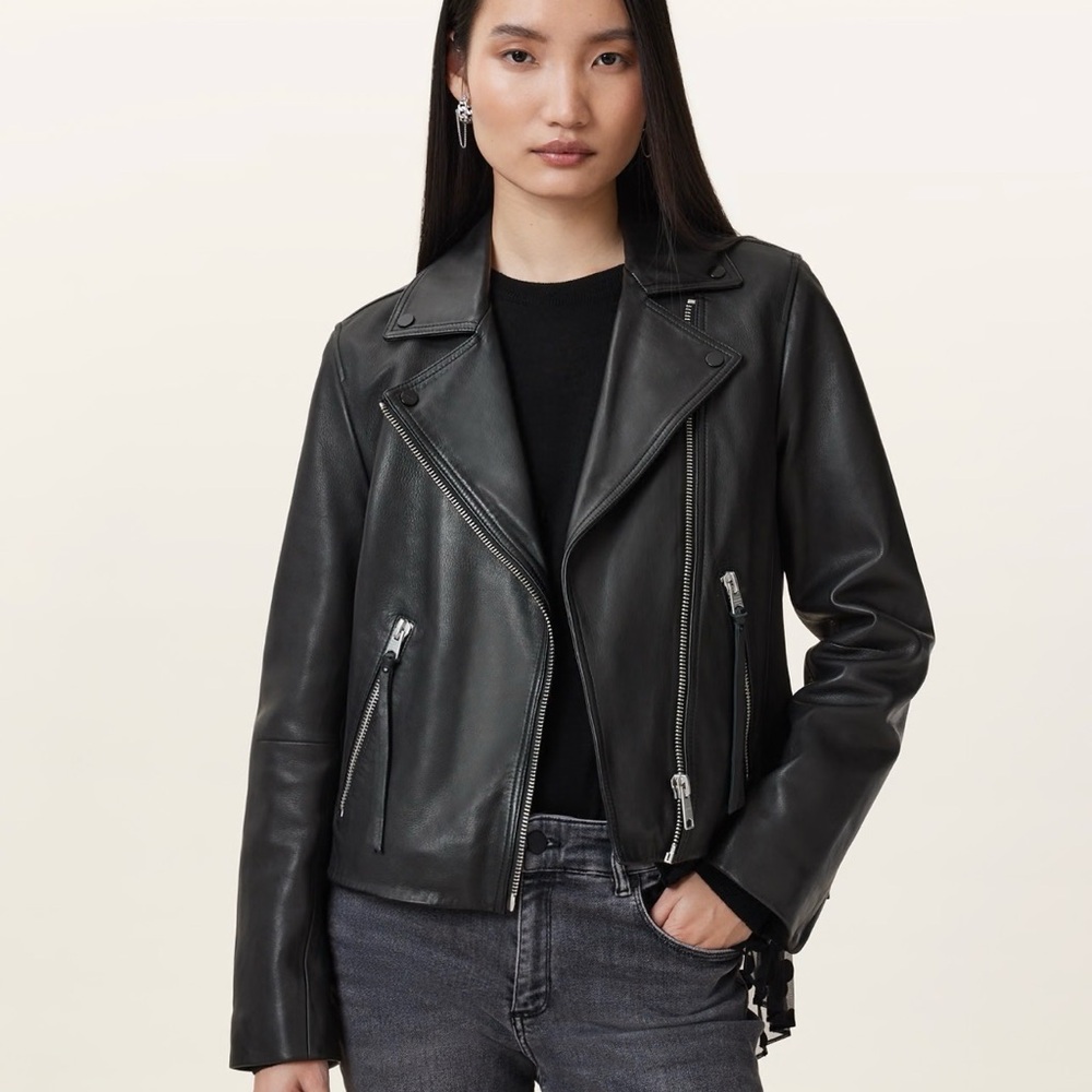 All Saints Dalby Slim Fit Black Leather Moto Jacket